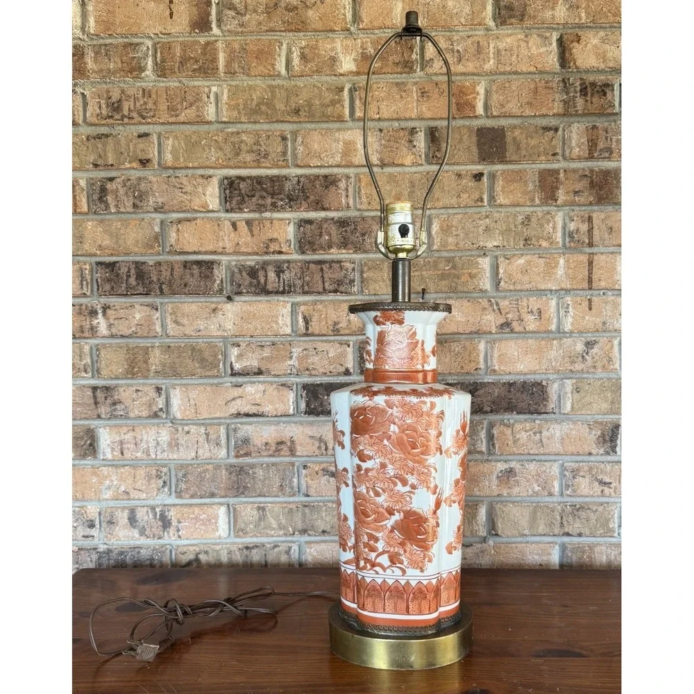 Vintage Kutani Style Porcelain Table‎ Lamp Red Floral Chinoiserie Asian Decor